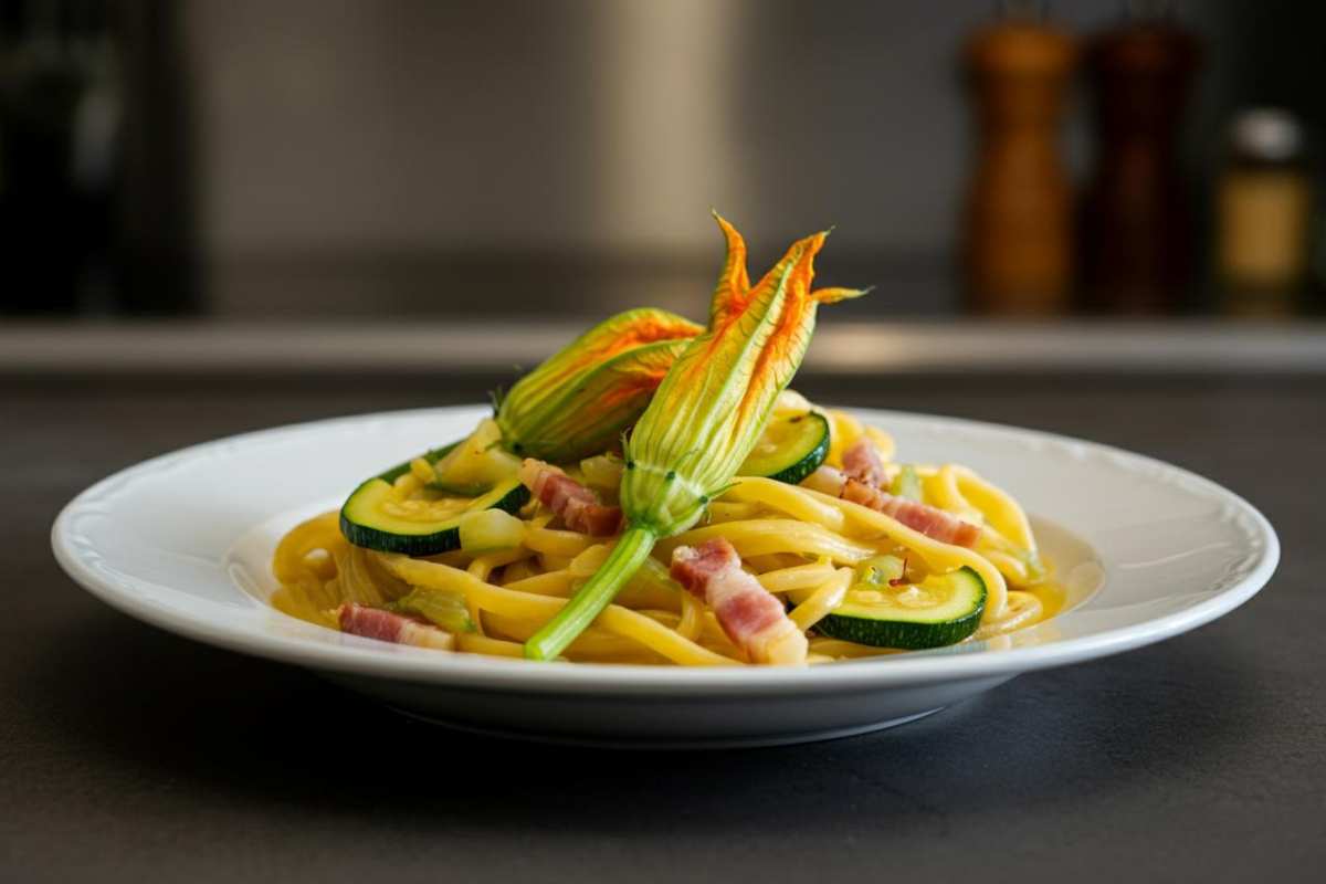 come fare i bucatini con fiori di zucca, guanciale e zafferano